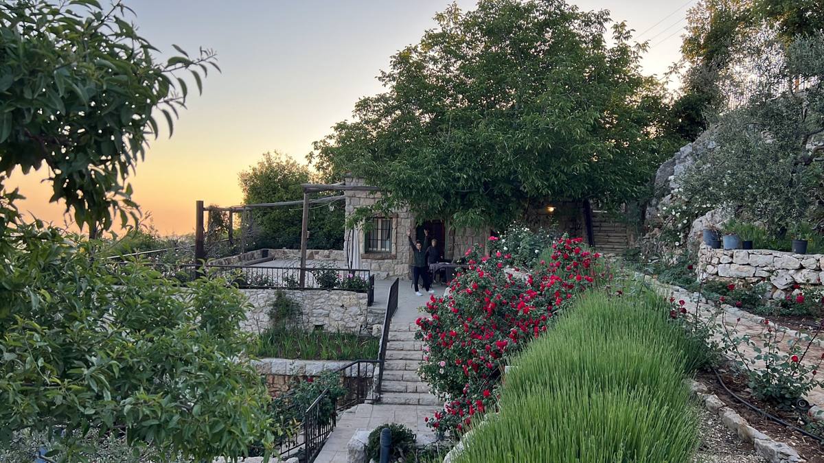 Stone terraces with roses and lavender leading up to the house at sunset